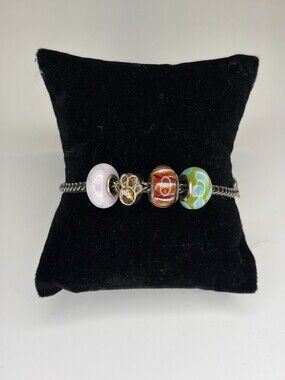 Trollbeads 925 Sterling Silver Bracelet Flower Lock Amber Paw Glass Bead
